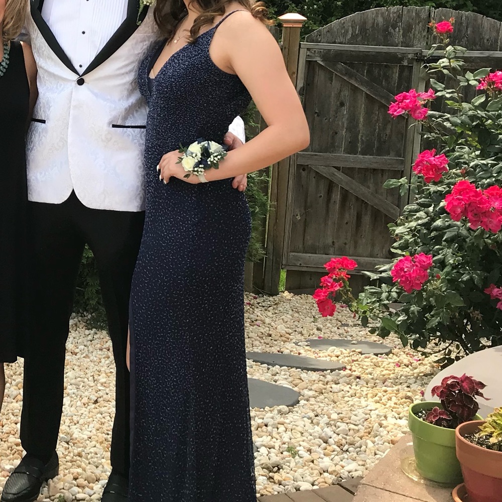 navy blue beaded prom dress